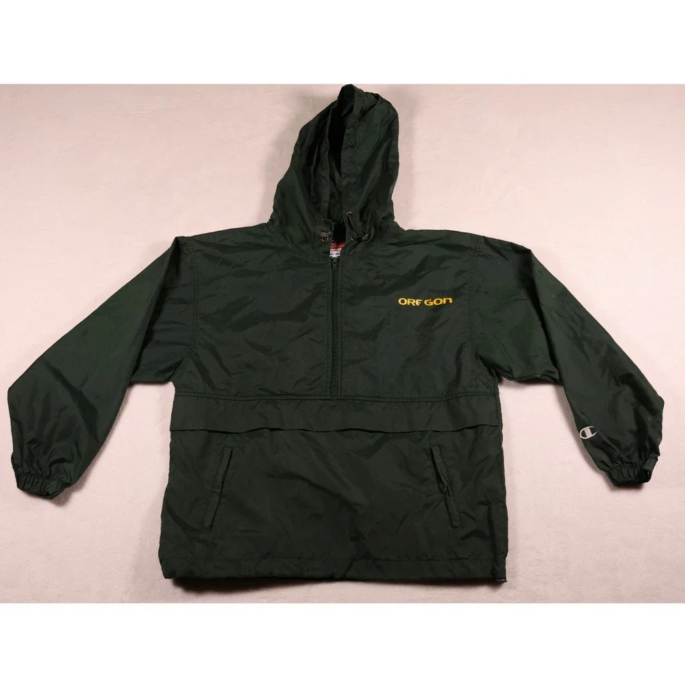 VTG Champion Oregon Ducks Youth Green Half Zip Windbreaker Anorak Jacket M 8-10